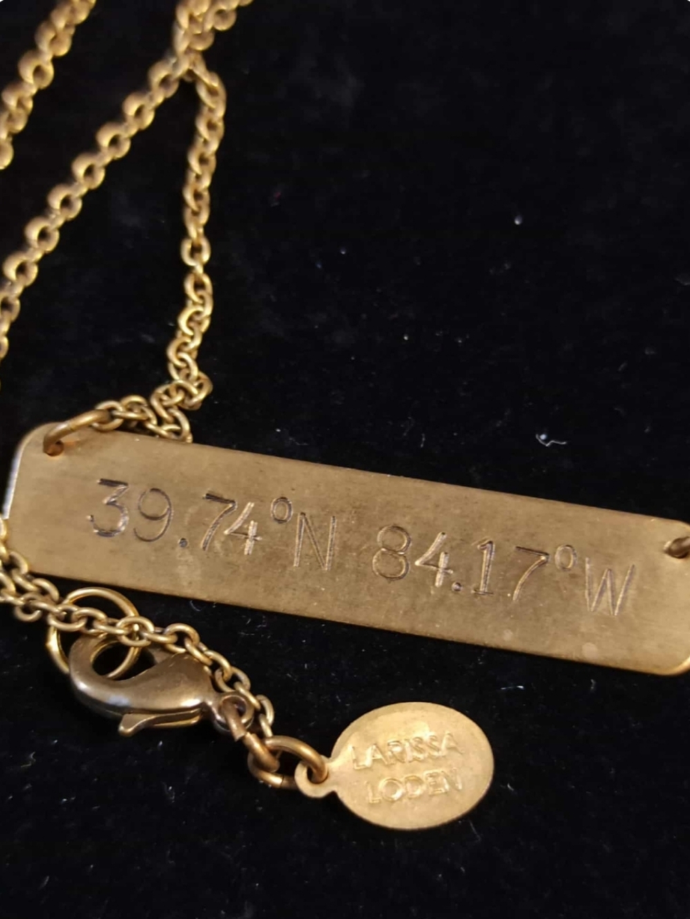 LARISSA LODEN gold tone coordinate bar necklace 39.74N 84.17W minimalist engrave
